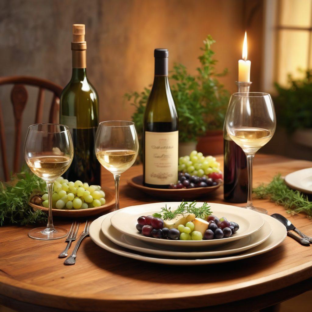 A rustic wooden table set for a gourmet meal, showcasing a perfectly matched vintage wine bottle alongside a beautifully plated dish, with elegant wine glasses reflecting soft candlelight. Surround the scene with fresh herbs, cheese, and decorative grapes, enhancing the vintage aesthetic. Soft focus background hints at a cozy dining room atmosphere. warm tones and inviting textures. super-realistic. vibrant colors.