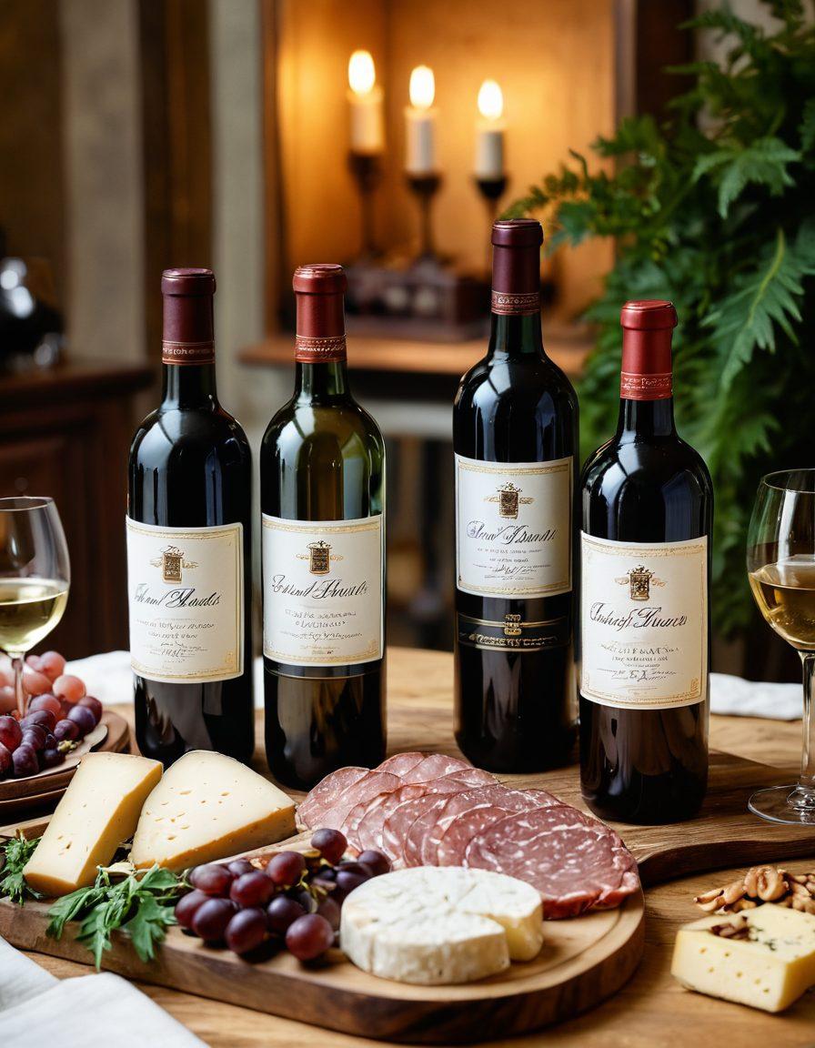 A stylish table set for a happy hour gathering, featuring an elegant selection of vintage wine bottles with intricate labels, paired with gourmet cheese and charcuterie on wooden platters. Soft ambient lighting creates a warm, inviting atmosphere with vintage wine glasses sparkling. Lush greenery in the background adds a touch of sophistication. Artistic arrangement with rich colors and textures. super-realistic. vibrant colors.