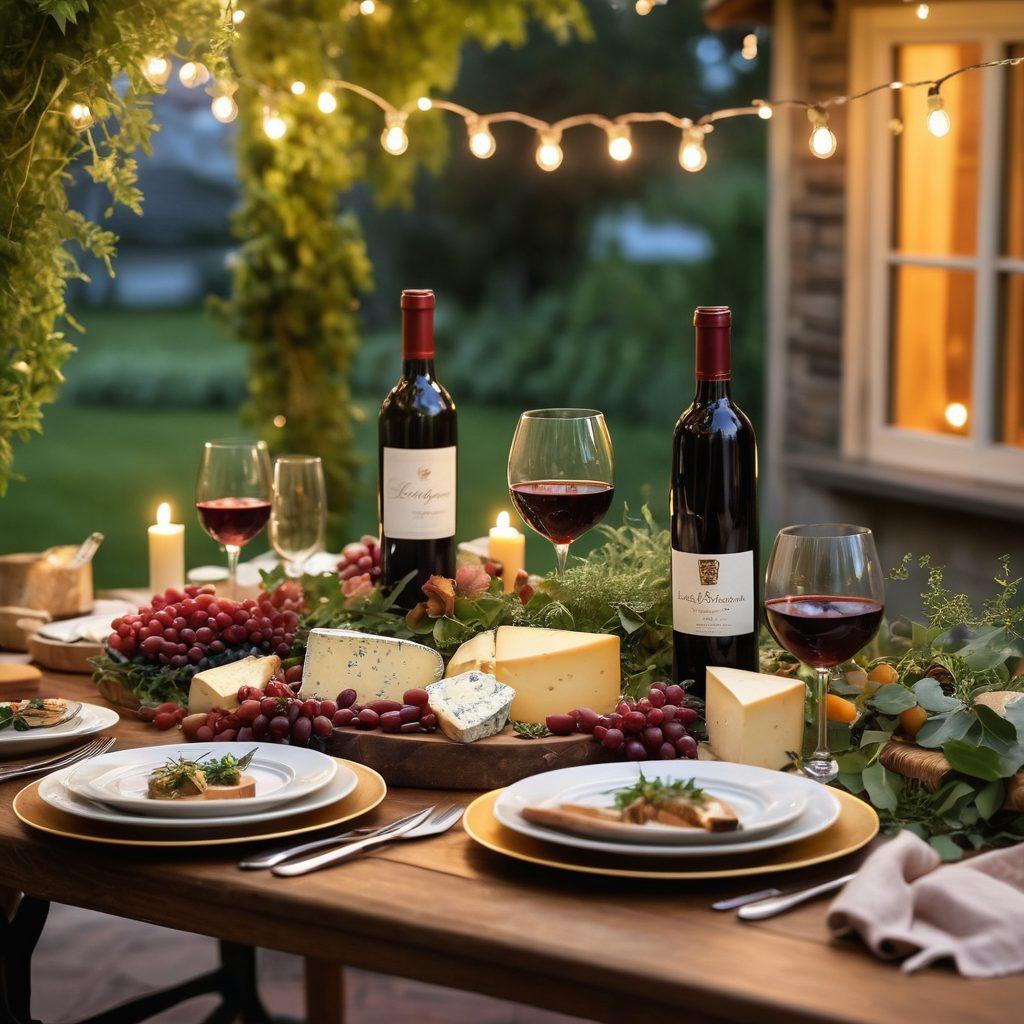 A beautifully arranged outdoor table setting adorned with elegant wine glasses, a bottle of red wine, and delicious gourmet cheeses. Surround the table with cheerful friends toasting, laughter in the air, and twinkling fairy lights overhead, creating a warm and inviting atmosphere. Incorporate lush greenery and a sunset backdrop to enhance the mood of celebration. super-realistic. vibrant colors. warm lighting.